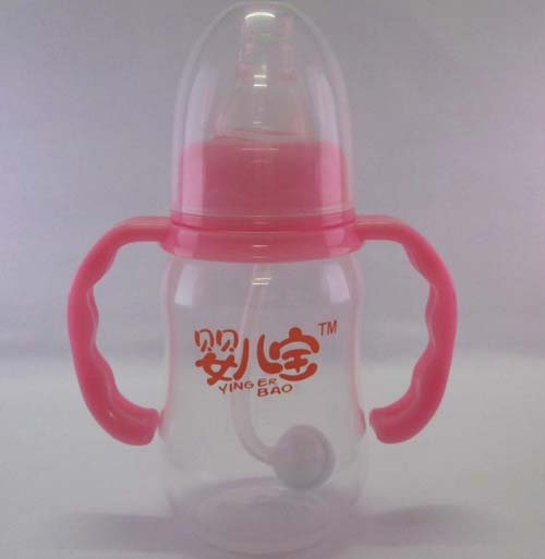 嬰兒寶150ML標(biāo)口徑弧形自動手柄奶瓶粉色