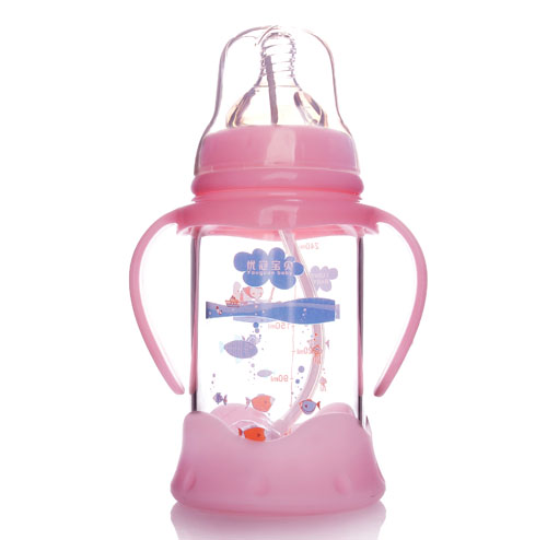優(yōu)冠寶貝防摔寬口帶柄自動玻璃奶瓶240ml粉色