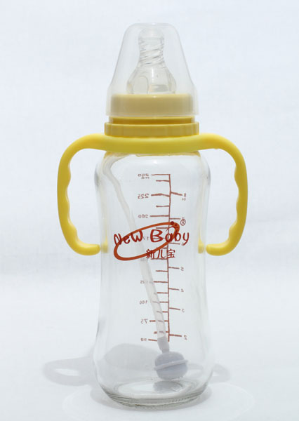 新兒寶標(biāo)口250ml圓弧雙耳帶吸管玻璃奶瓶