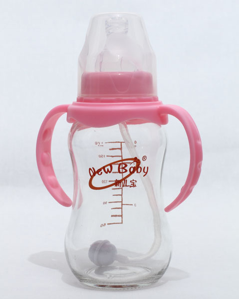 新兒寶標(biāo)口170ml圓弧雙耳帶吸管玻璃奶瓶