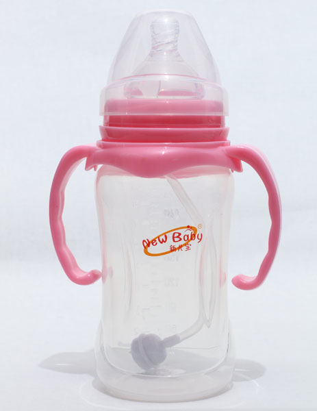 新兒寶粉紅色寬口270ml雙耳自動圓腰形PP奶瓶