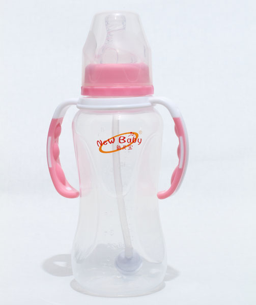 新兒寶粉白色標(biāo)口240ml雙色雙耳自動菱腰形PP奶瓶