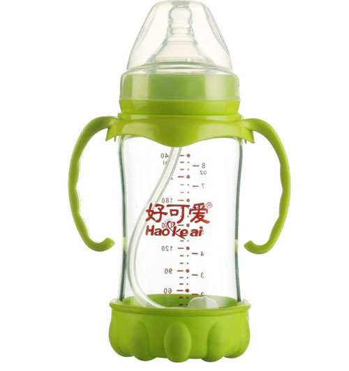 好可愛寬口自動吸管手柄弧形晶鉆玻璃奶瓶240ML