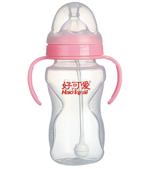 好可愛(ài)寬口自動(dòng)吸管手柄弧形奶瓶300ml