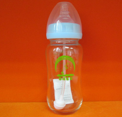 苗哺專家8安寬口弧形抗摔防爆帶自動吸管玻璃奶瓶240ml