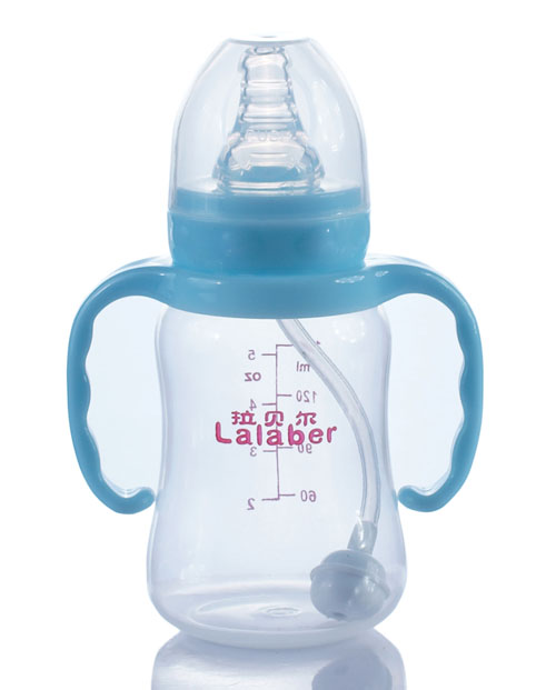 拉貝爾5安士標準口徑自動吸管PP奶瓶-藍色手柄