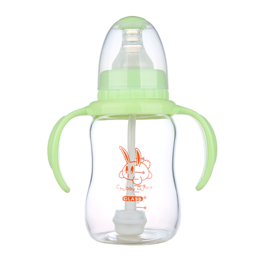 丘比兔標(biāo)準(zhǔn)口徑玻璃葫蘆型自動把手奶瓶120ML綠色