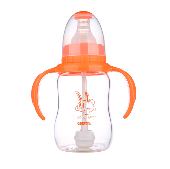 丘比兔標(biāo)準(zhǔn)口徑玻璃葫蘆型自動把手奶瓶120ML橙色