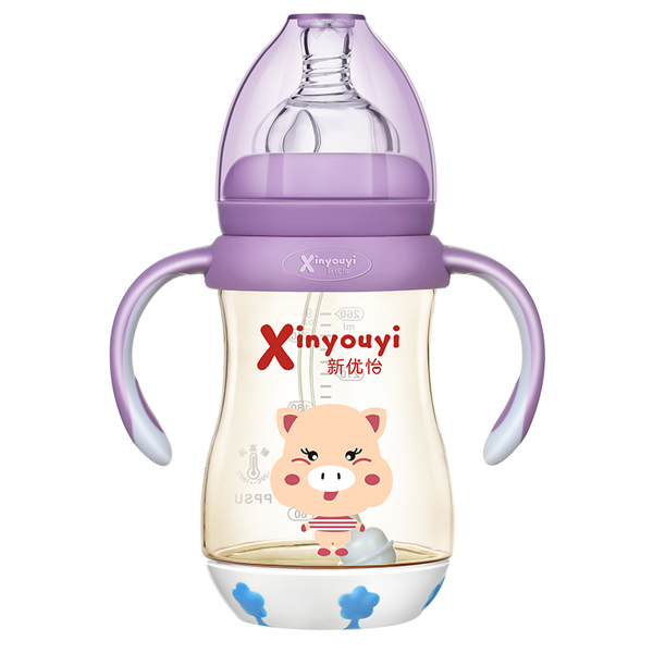 新優(yōu)怡寬口弧形帶底座有柄自動ppsu奶瓶260ml 紫色