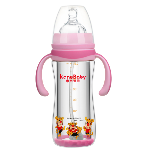 康尼寶貝弧形寬口有柄自動(dòng)防爆玻璃奶瓶220ml 紅色