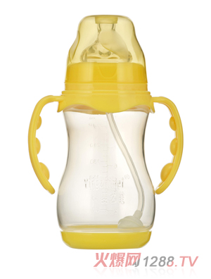 嬰之美寬口雙耳自動圓弧PP奶瓶帶底300ML黃色